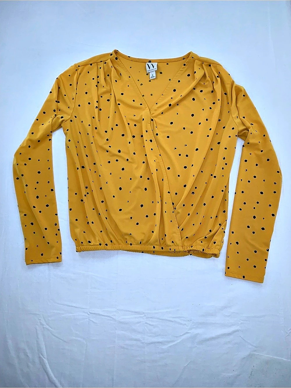 WorthingtonV-neckline Blouse Yellow W/Black  spots Size Medium Like New